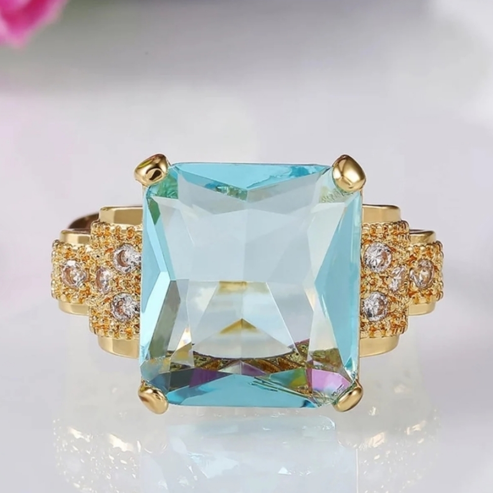 New Fashion 18K Yellow Gold Plated Aquamarine Ring